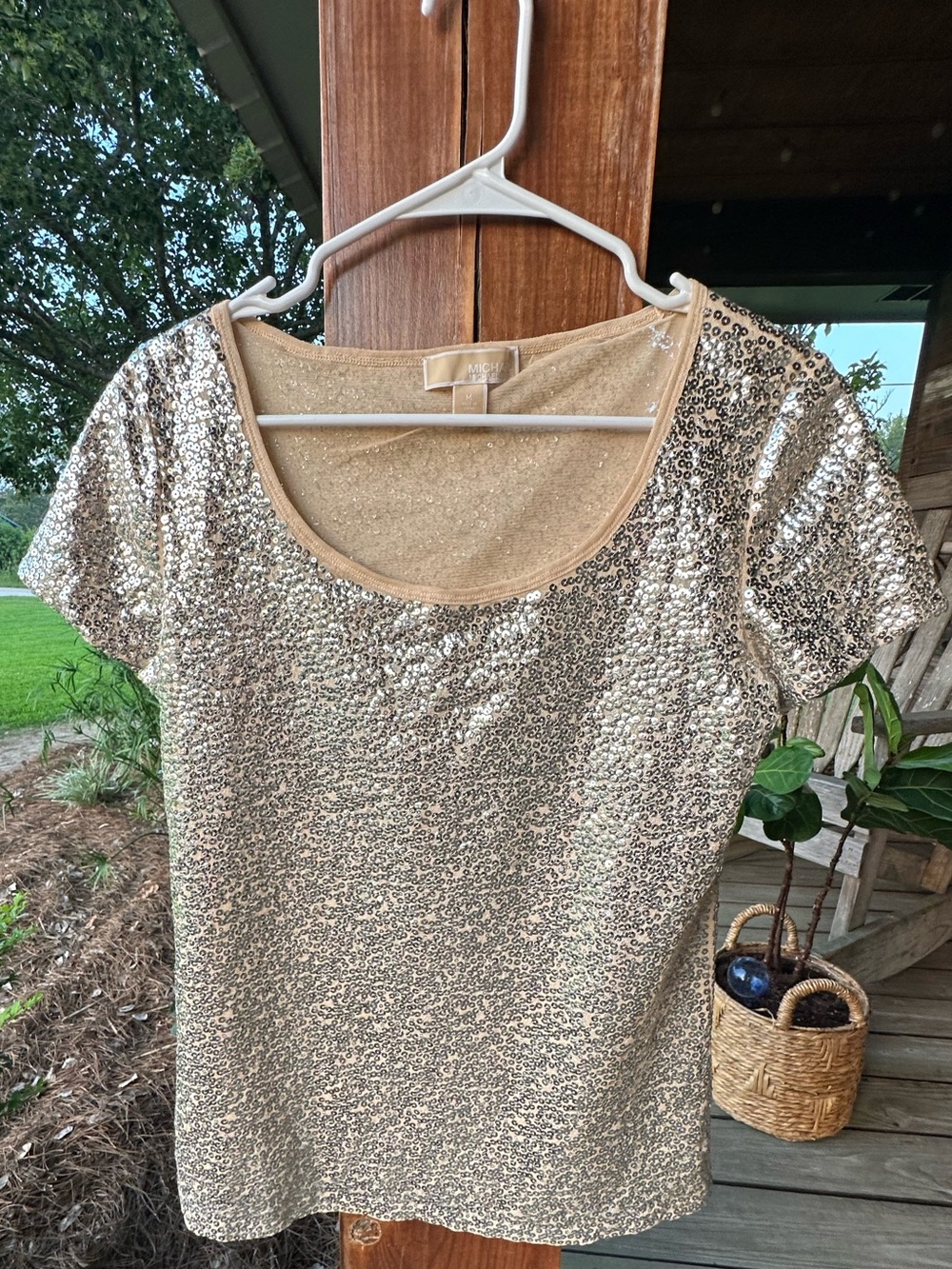 Michael Kors Gold Sequin Short Sleeve Scoop Neck Top